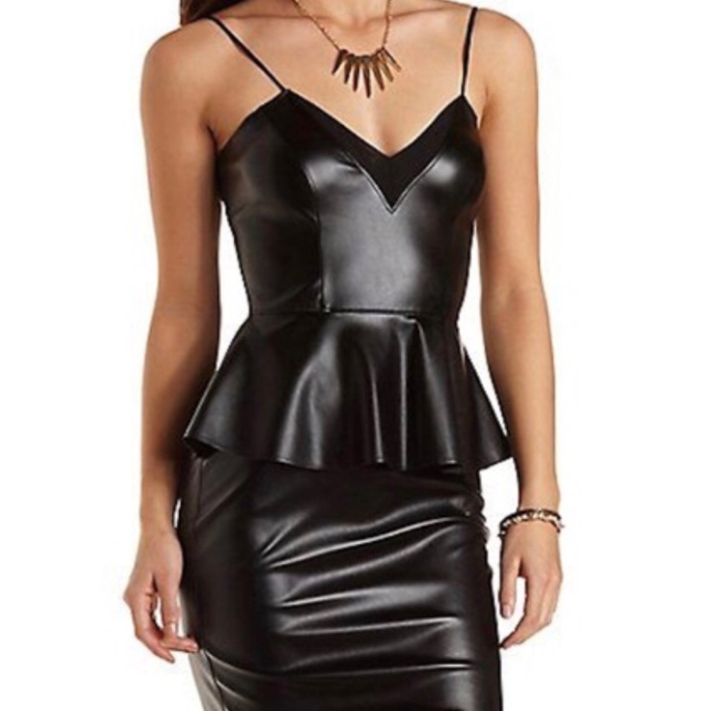 Black Faux Leather Peplum Dress